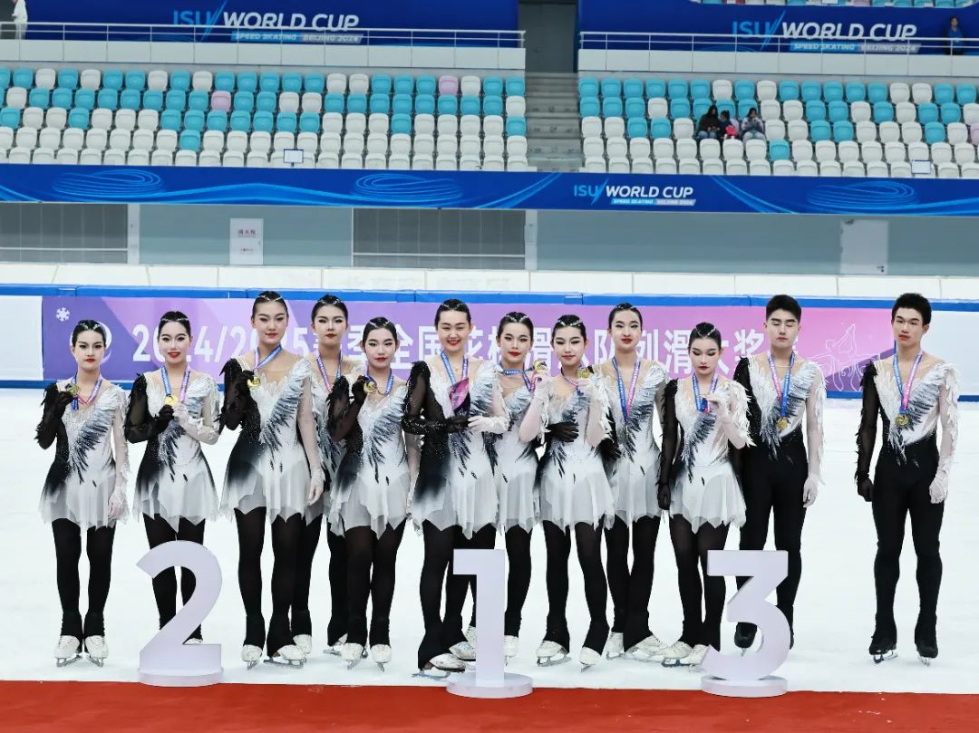 Skating team posing with medals after a competition